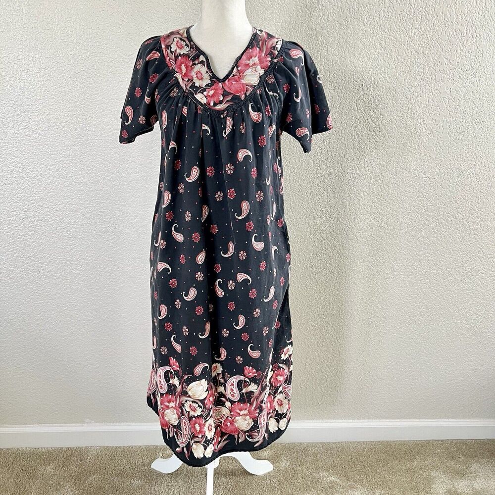 Vintage Loungees Small Pink Black Floral Mumu House Sleep Dress Kaftan Pockets